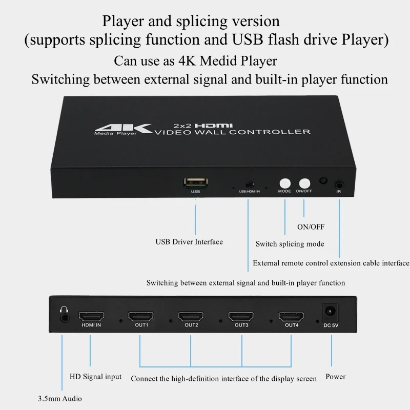 2x2 HDMI-Compitable Video Wall Controller Screen Processor Splicer 1X2 1X4 1X3 Multi-screen Splicing Box USB 4K Media Player