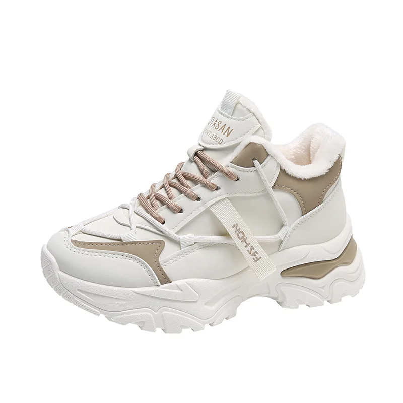 Winter Plus Velvet Dad Shoes for Women's Korean Version Warm High-top Lace Up Sneakers Ladies Casual White Cotton Shoes