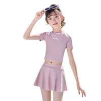 Two Pieces Girls Swimsuit Summer Beach Swimwear Skirt With Underwear Short Sleeve Kids Vacation Clothes For Girl Pink, Black 5