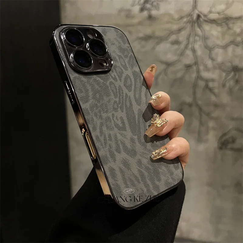 Luxury Plating Leopard Texture Leather Case with Lens Protection and Shockproof Design