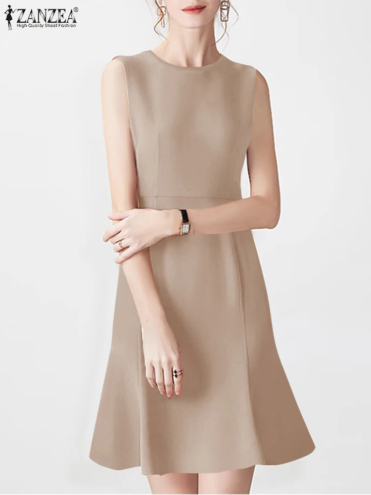 

Elegant Women O Neck Sleeveless Office Work Dress ZANZEA Fashion Summer Solid Knee-length Sundress Casual Party Vestido Robes