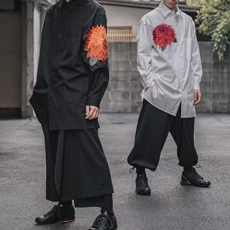 Yamamoto Style Red Flower Shirt for Men Japanese Elongated
