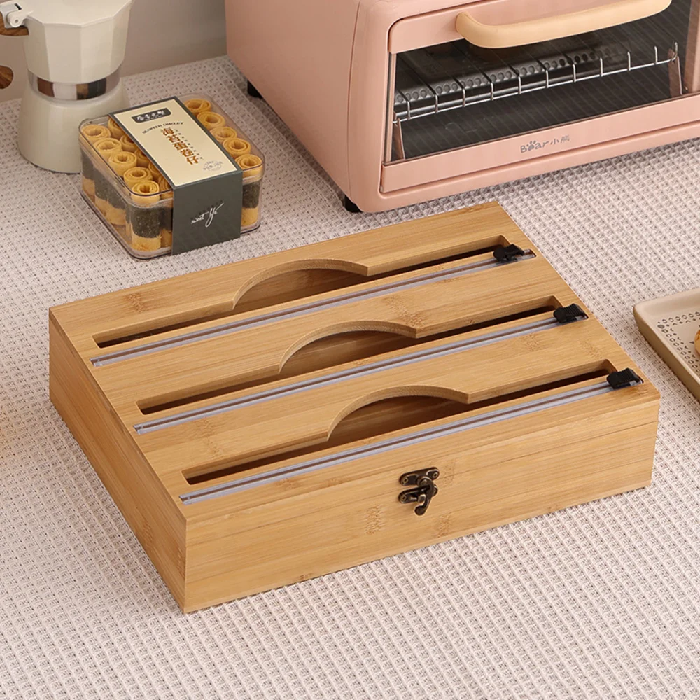 Food Film Dispenser Cling Wrap Dispenser Kitchen Wrap Dispenser Plastic Wrap Dispenser 3 In 1 Bamboo Wrap Dispenser Storage For Aluminum Foil With Cutter Cling Film Holder Kitchen Accessories Organizer