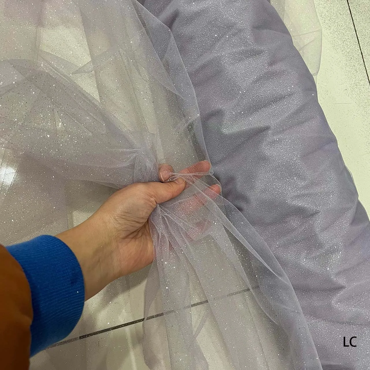 Sparkling Blue and Red Sequin Tulle Veil with Silver Accents and Pommel Skirt