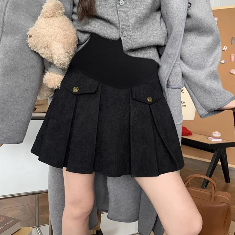 Autumn Winter Maternity Woolen Skirts with Golden Buttons High Waist Pregnant Woman Pleated Skirts Sexy Mini Skirt Black Brown