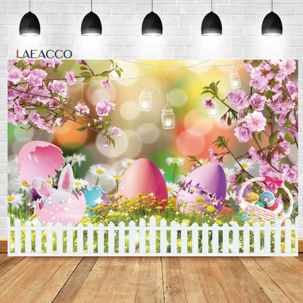 

Laeacco Spring Easter Photography Backdrop Dreamy Light Bokeh Pink Floral Rabbit Eggs Baby Shower Birthday Portrait Background