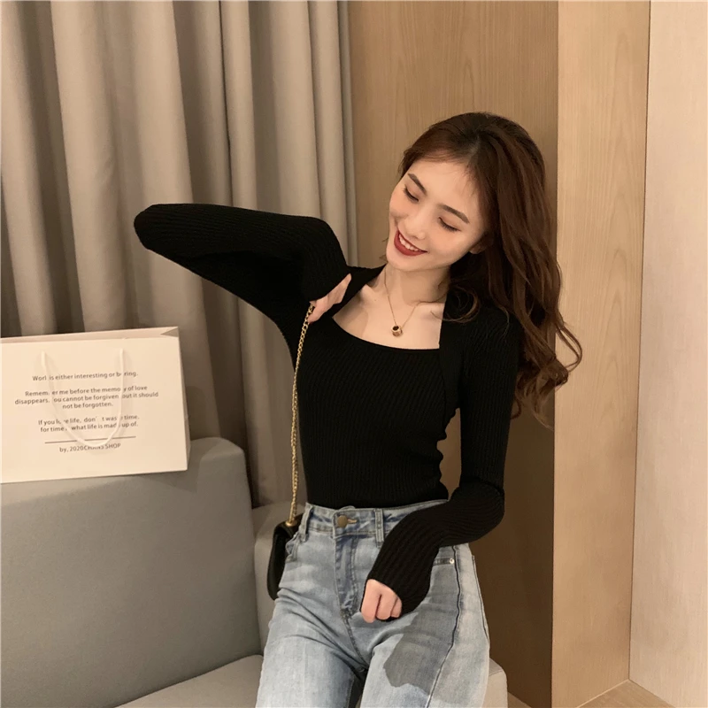 cropped sweater New Fashion Women Knit Sweater Long sleeve heart-neck Casual Woman Slim-fit Tight Knitted sweaters Pullover Tops Female Clothes oversized sweaters