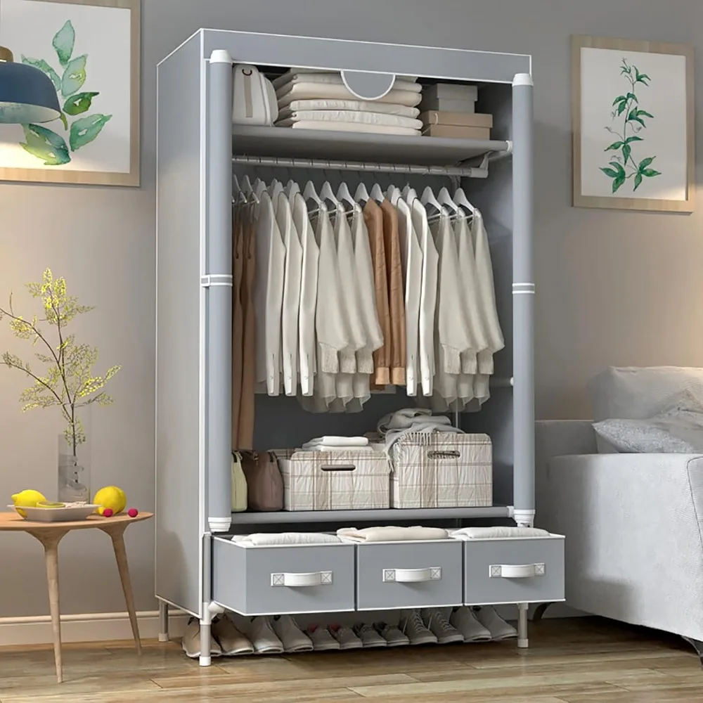 Portable Clothes Closet Rolling Door Wardrobe with Hanging Rack Non Storage Organizer 35.4 x 17.7 x 67.0 ‘’ (Gray) Wardrobes 6