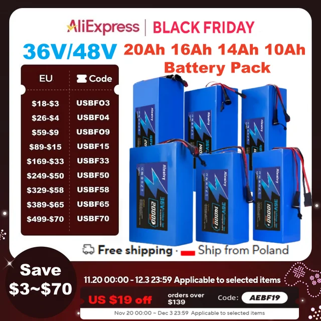 Batterie Aleaivy 36 V/48 V 18650 à livraison rapide des États-Unis - 30 A BMS, 10 - 20 Ah, ultra longue portée pour vélo et scooter 200 - 2000 W 1