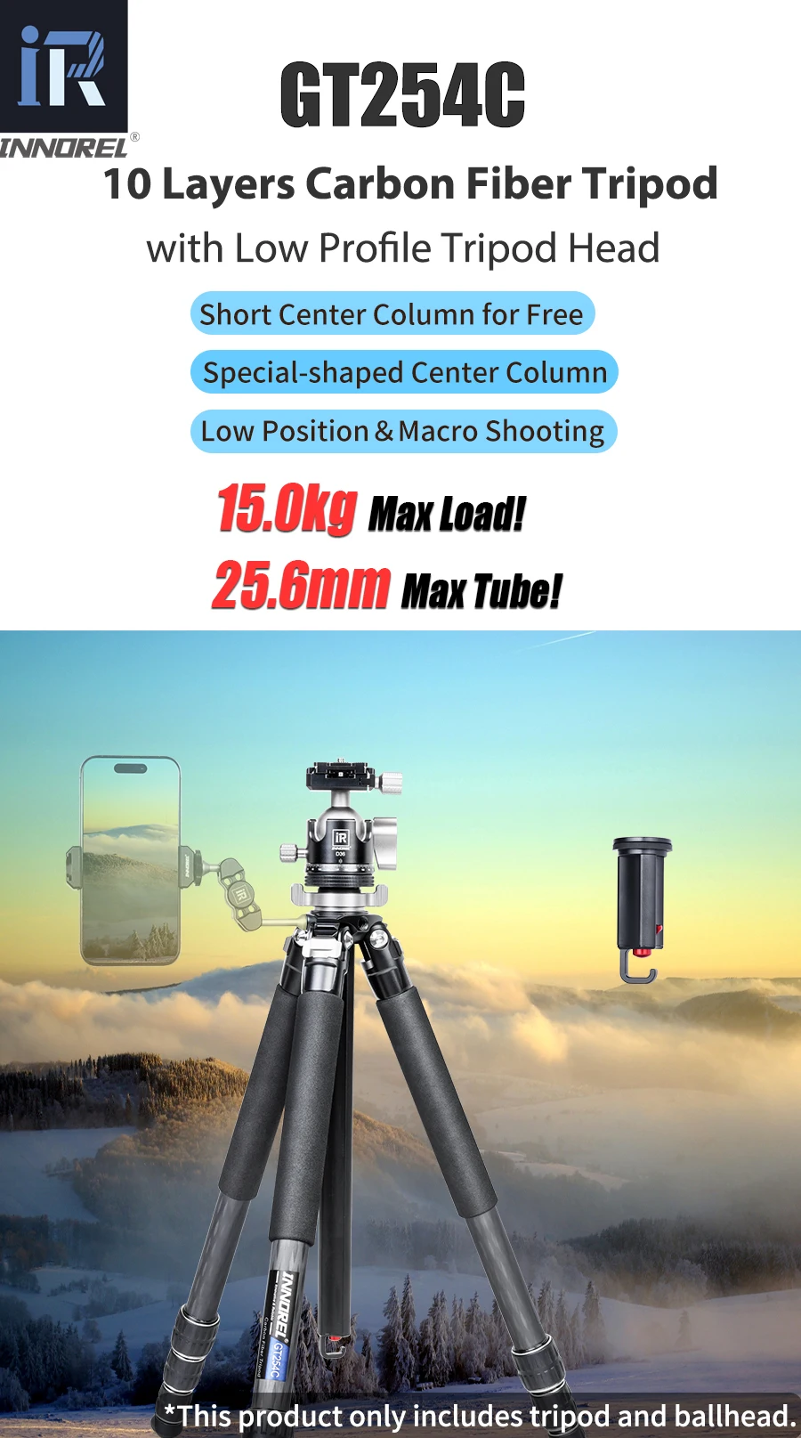 GT254C Carbon Fiber Tripod Camera Tripod Professional Compact Portable Stand wit