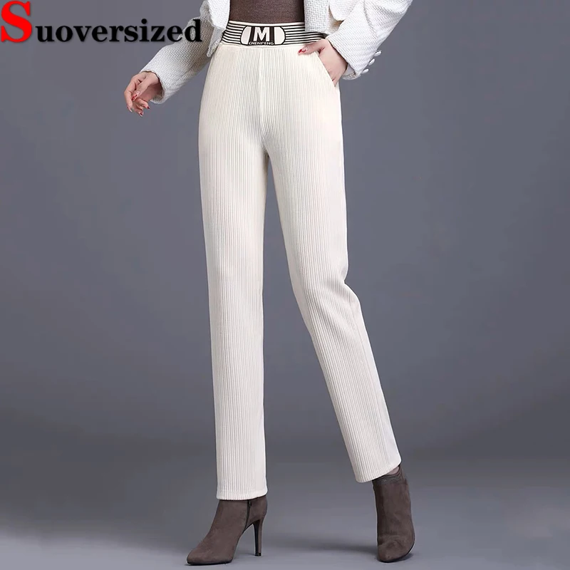 

Fall Winter Corduroy Straight Pants For Women Elastic High Waist Pantalones Casual Basic Harem Trousers Baggy Spodnie New