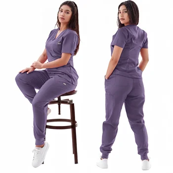 Tuta da jogging multicolore Scrub da infermiera Set Abbigliamento clinico medico Uniformi infermieristiche da medico Manica corta Scollo a V Top Pantaloni tascabili