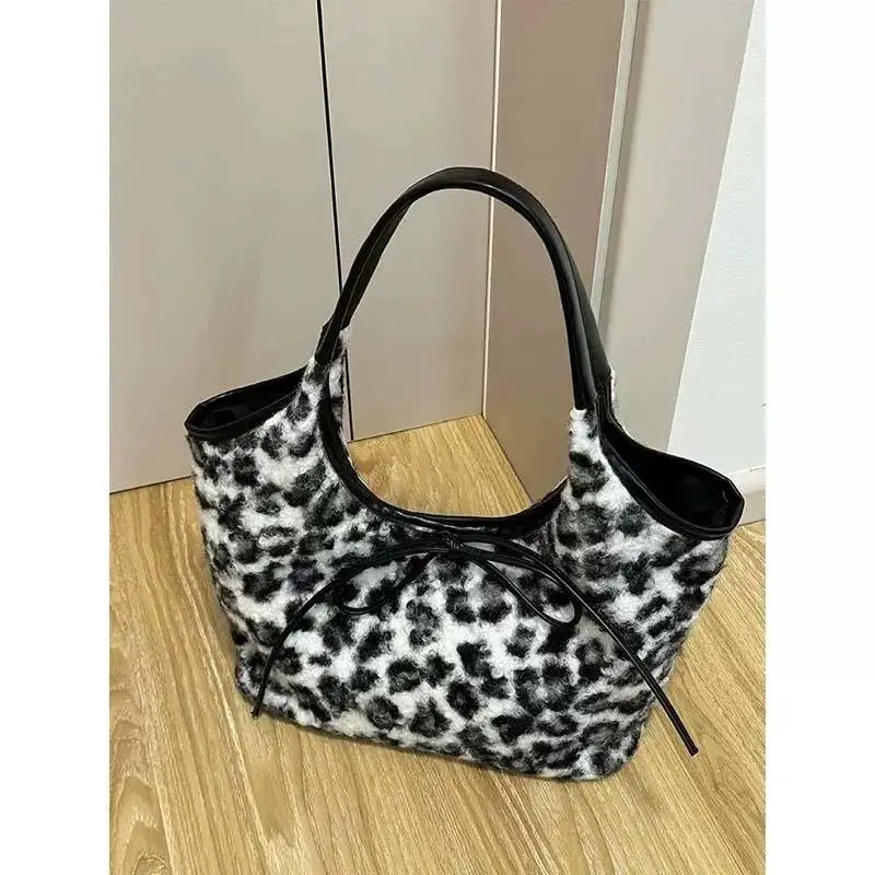 JIAERDI Vintage Plush Leopard Print Bucket Bag Women Sweet Cool Hot Girls Bow Y2k Handbag Female Retro Underarm Bag Aesthetic