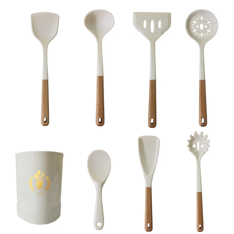 Non-stick Silicone Cooking Utensils Set Kitchenware Wooden Handle Spatula Spoon Turner Soup Ladle Whisk Cookware Kitchen Tools