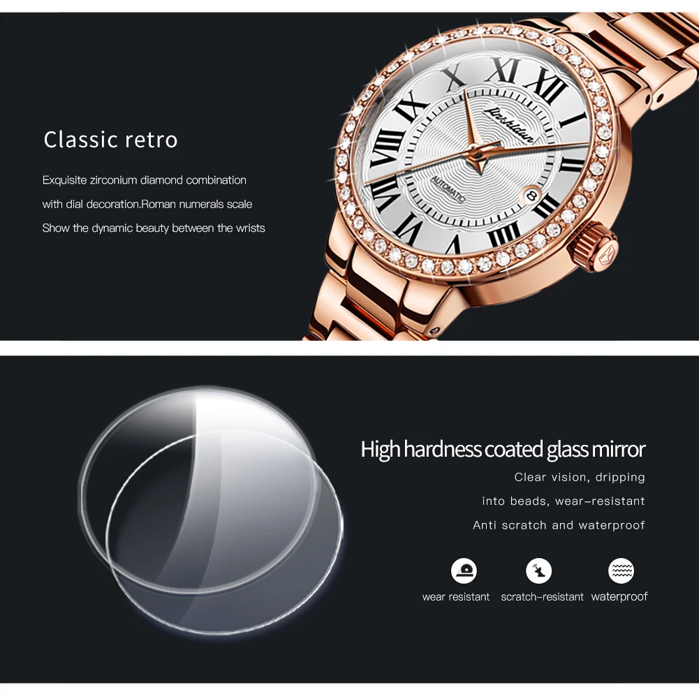 Jsdun automatische mechanische Uhr für Frauen Roségold Stahl