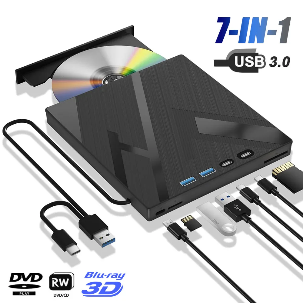 DVD Drive Blu Ray Burner DVD Writer Blu Ray Drive External Optical Drive 7 in 1 External Bluray Optical Drive for Laptop PC USB 3.0 Type-C BD DVD CD-RW Player Portable Burner with SD/TF Card Slot