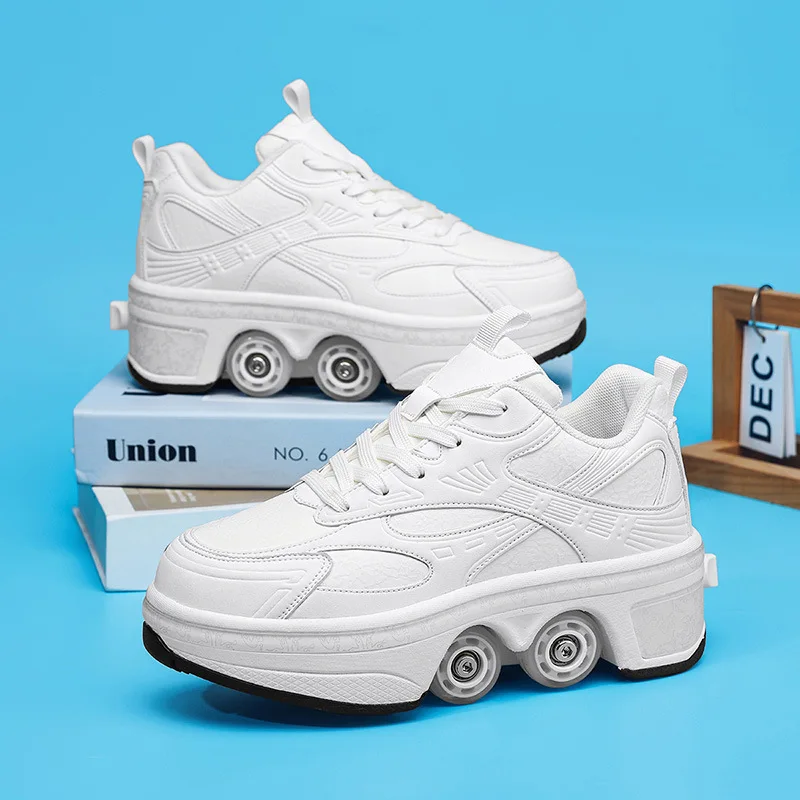 Double-Row Deform Wheel Automatic Walking Shoes Invisible Deformation Roller Skate 2 in 1 Removable Pulley Skate Skating Parkour