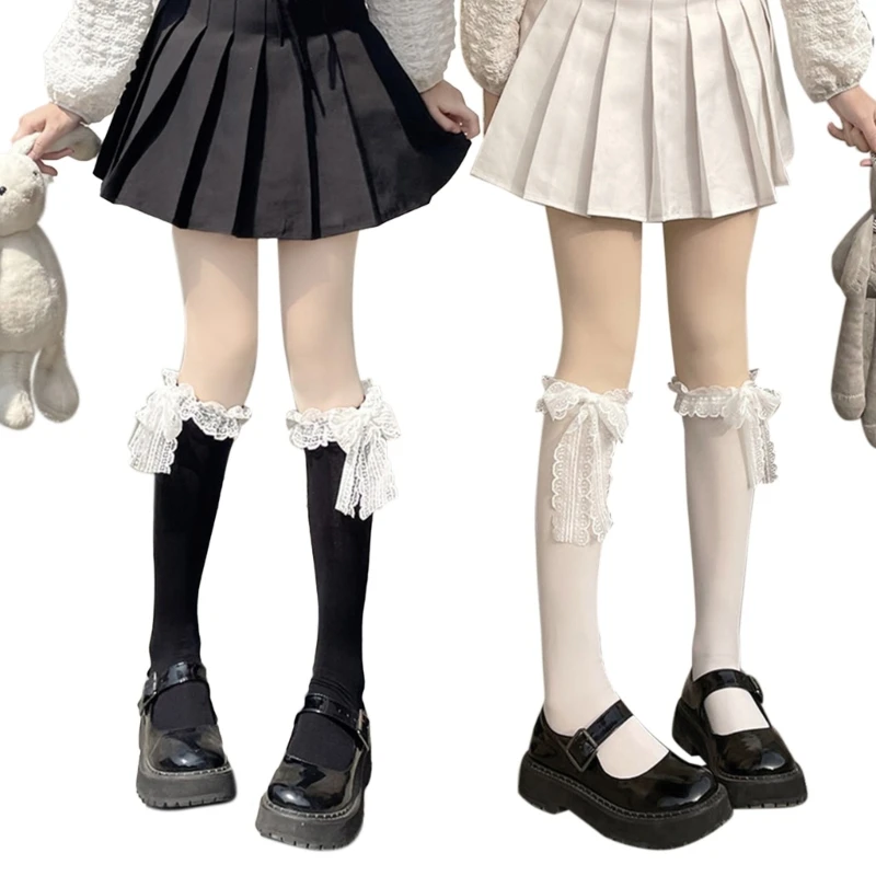 

Japanese Sweet Women Calf Socks Ruffled Lace Bowknot Knee High Stockings