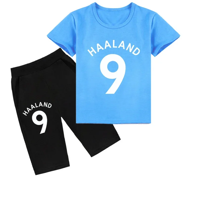 Детская футболка для косплея HHaaland NO9, летние топы с коротким рукавом для девочек и мальчиков, детская спортивная футболка и штаны, спортивные костюмы