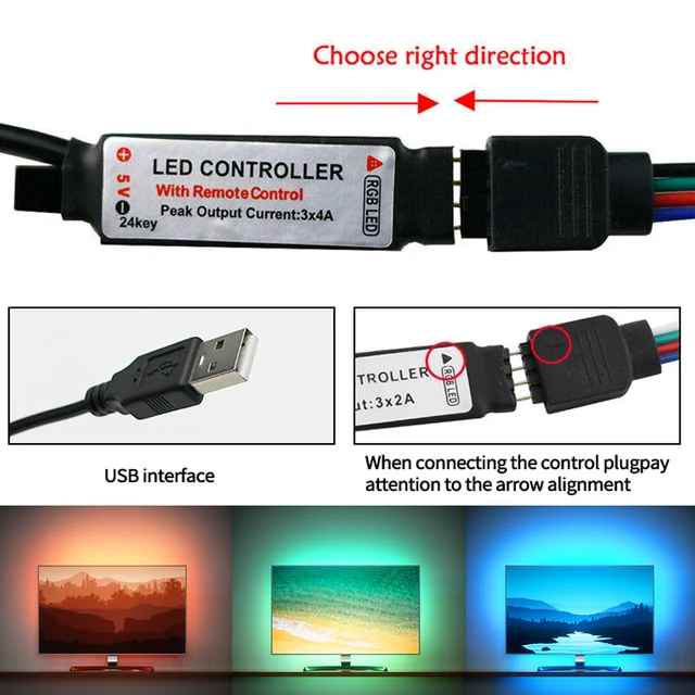 Bande LED USB RVB, Bande LED multicolore, contrôleur à 3 boutons