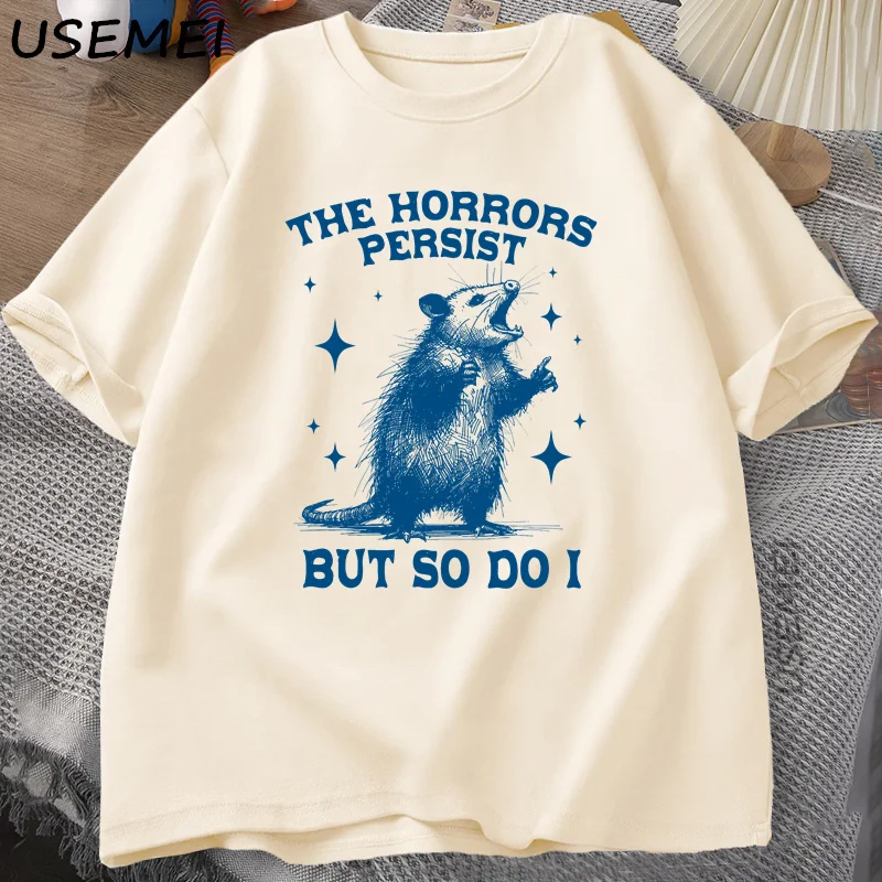Die Horrors Persist But So Do I T-Shirt für Männer Frauen Retro Opossum T-Shirt Lustige Mental Health Grafik-T-Shirts Männerkleidung