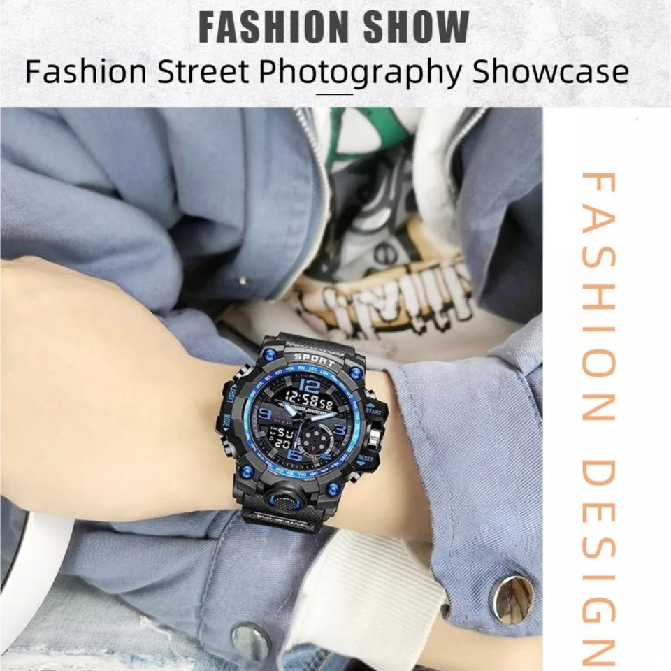 Orologi da uomo sportivi militari alla moda per sport all'aria aperta analogici LED digitale 50 m impermeabile a doppio display tattico militare orologi da polso (D-rosso blu), A-rosso Blu, Digitale