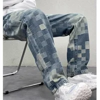 Mosaic Chessboard Denim Jeans Men's High Street American Hip Hop Straight Leg Wide Leg Pants Autumn Trendy Design Sense