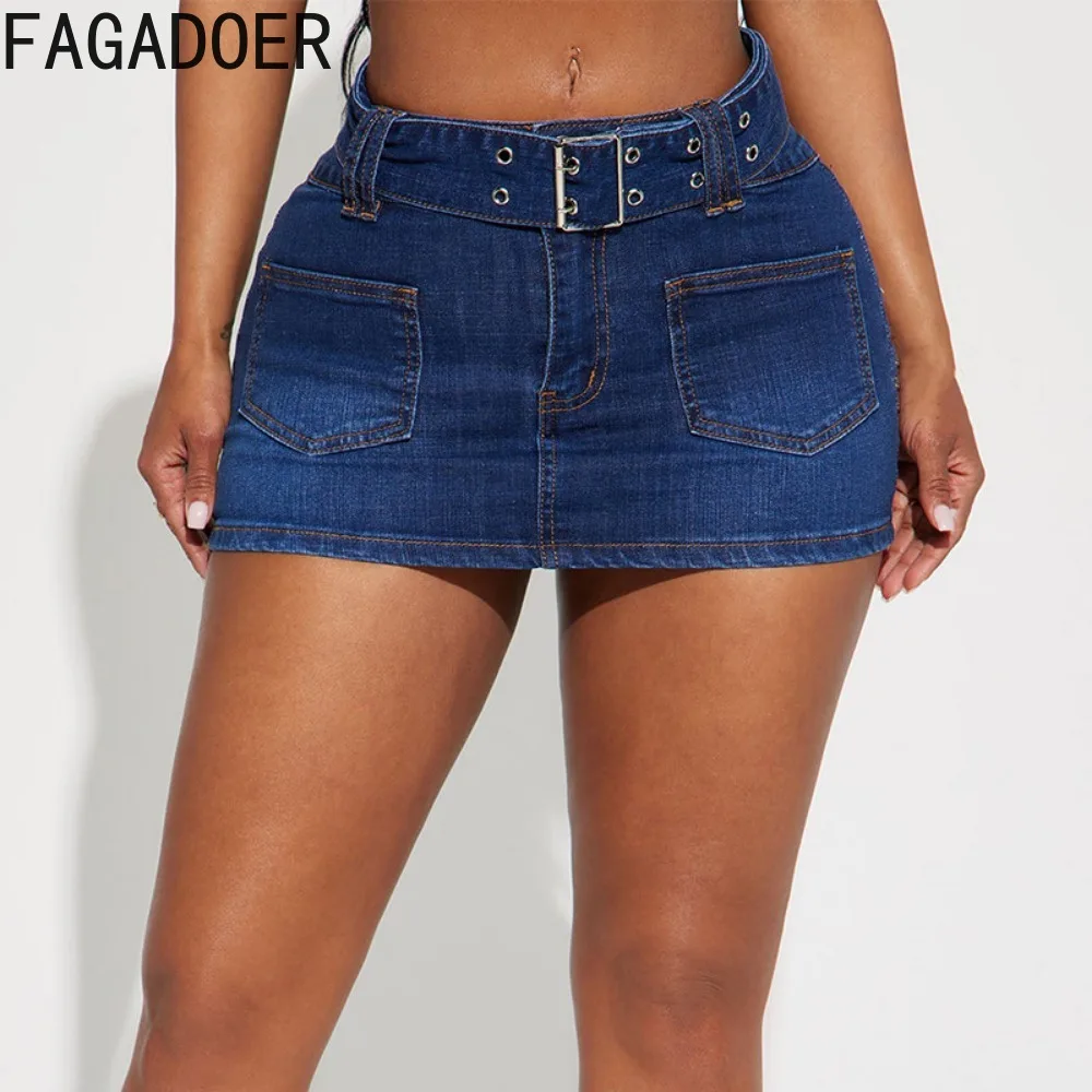 

FAGADOER Dark Blue Fashion Denim Mini Skirts Women High Waisted Belt Pocket Slim Bottoms Summer New Matching Cowboy Skirts 2024