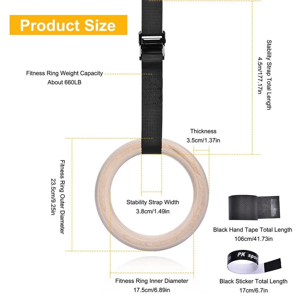 Wood Gymnastics Rings with Adjustable Straps 4Pcs Non-Slip Hand Tapes Exercise Training for Home Gym Full Body Strength