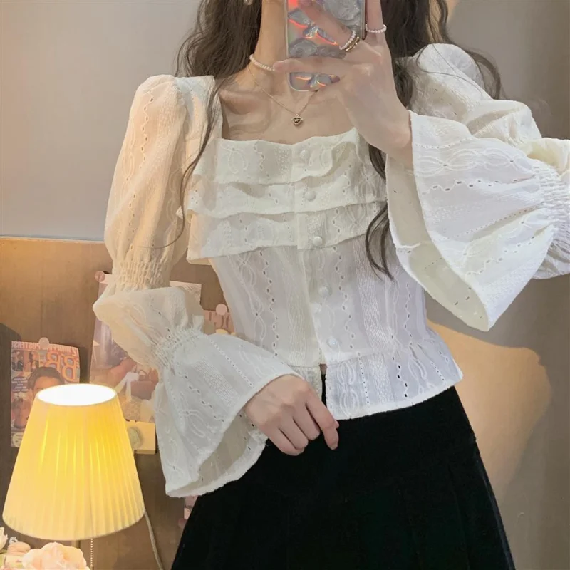 

QWEEK White Women's Shirt Cropped Kawaii Blouses Fairycore Tunic Flare Sleeve Lolita Style Preppy Female Top Chic Korean Fashion