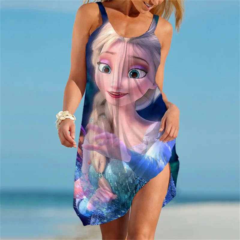 

Disney Elegant 3D Frozen Elsa Dress Stretch O Neck Sleeveless Party Dresses Women Spring Split Mid-Calf Sexy Dress 2023