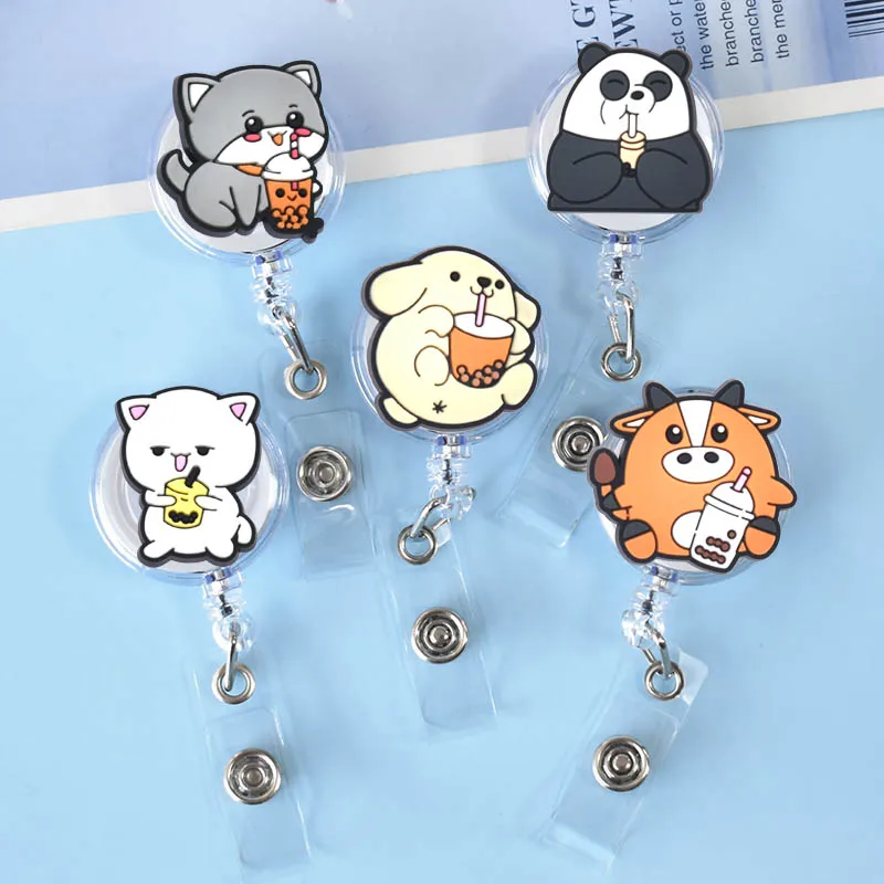 Badge Holder Retractable Badge Reel Retractable ID Lanyard Retractable ID Tag 1 Piece Cartoon Animals Panda Fox Retractable Nurse Doctor Badge Reel Clips Hospital Medical Students ID Name Card Holder