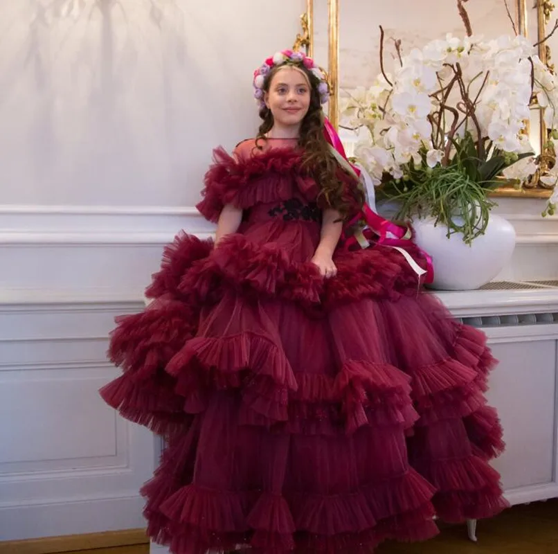 

Бордовое Тюлевое платье для девочек, прозрачное Многоярусное Тюлевое Пышное Платье с вырезом, платье для торжества, дня рождения, платье для гостей свадьбы, особых случаев