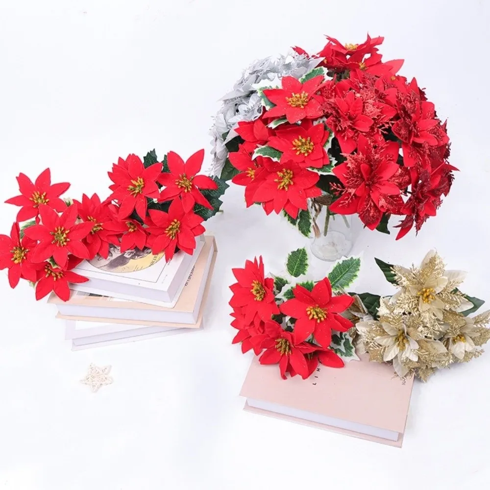 5 Heads Bunch Artificial Poinsettia Bouquet Artificial Flowers Realistic Fake Flower Pot Ornament Red Poinsettia