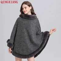 Women Striped Plaid Cape Poncho Overcoat Winter Faux Fox Fur Woolen Loose Streetwear Knitted Oversize Pullover Fur Shawl Cloak 1