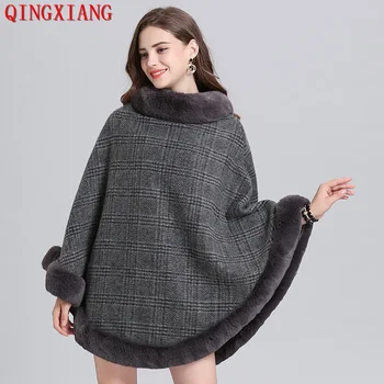 Women Striped Plaid Cape Poncho Overcoat Winter Faux Fox Fur Woolen Loose Streetwear Knitted Oversize Pullover Fur Shawl Cloak 1