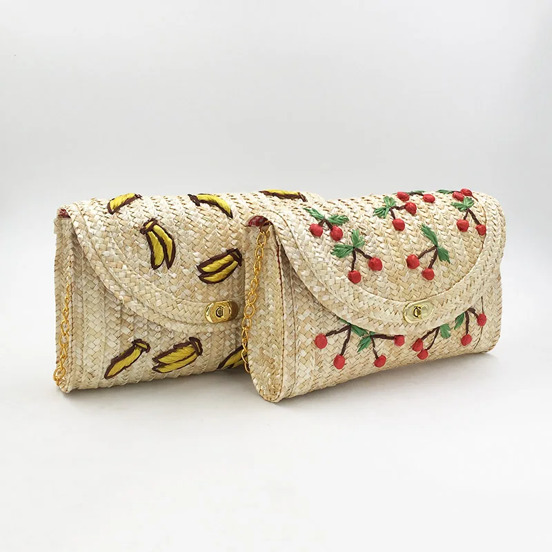 Wheat Straw Woven Women Shoulder Bag Bohemian Summer Beach Bags Cherry Banana Female Messenger Clutch Chain Flap Crossbody Bag - Image 4