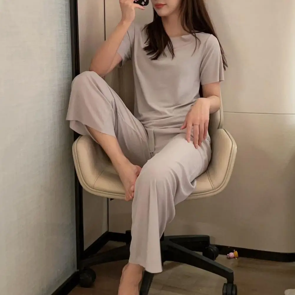 

Женская летняя Пижама, комплект из 2 предметов, футболка с круглым вырезом, коротким рукавом, эластичным поясом и прямыми широкими штанинами, комплект одежды для отдыха