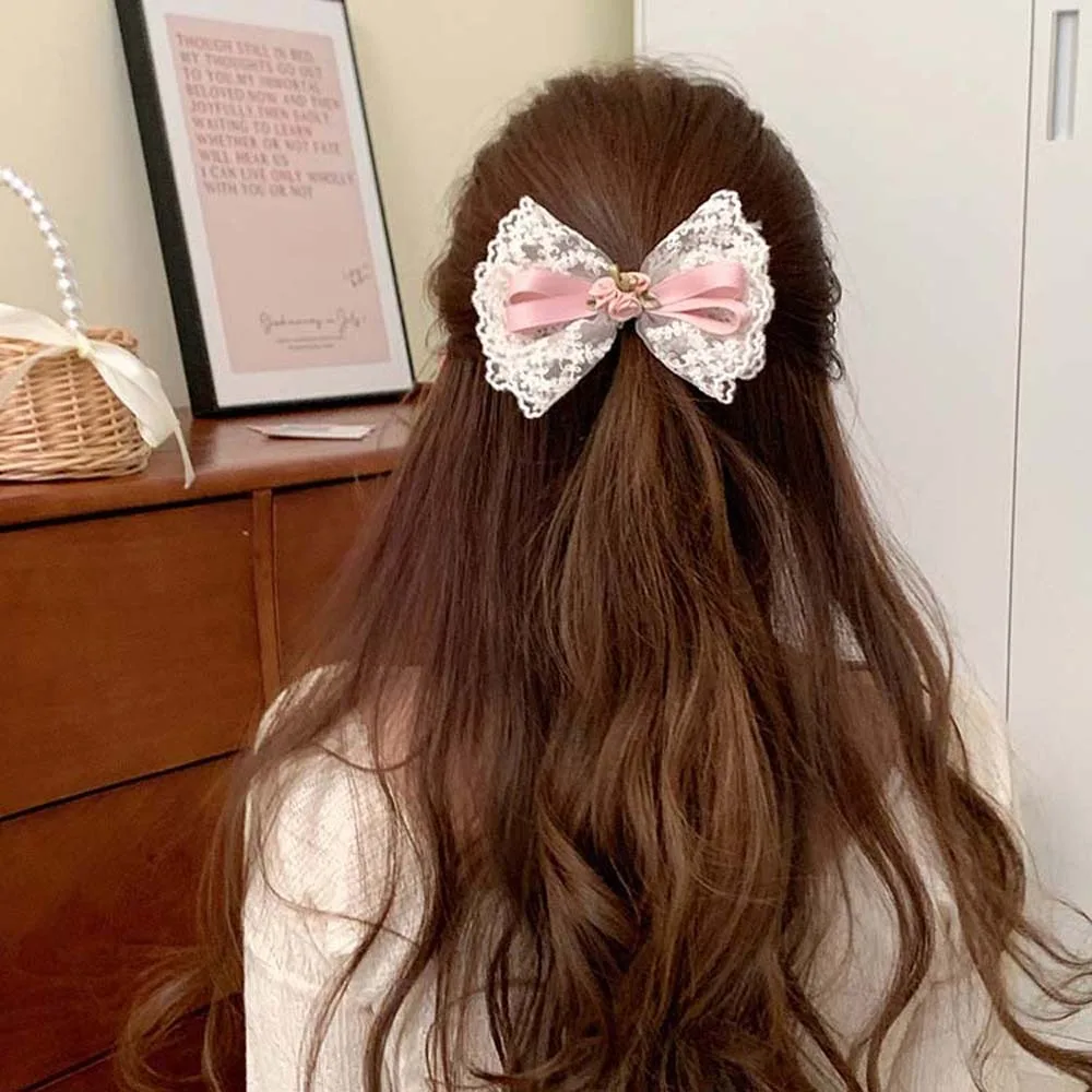 Women Hair Accessories Lace Bow Hair Clip Lace Rose Flower Bow Ribbon Bow Headwear Barrette Headdress Korean Style Hair Clip