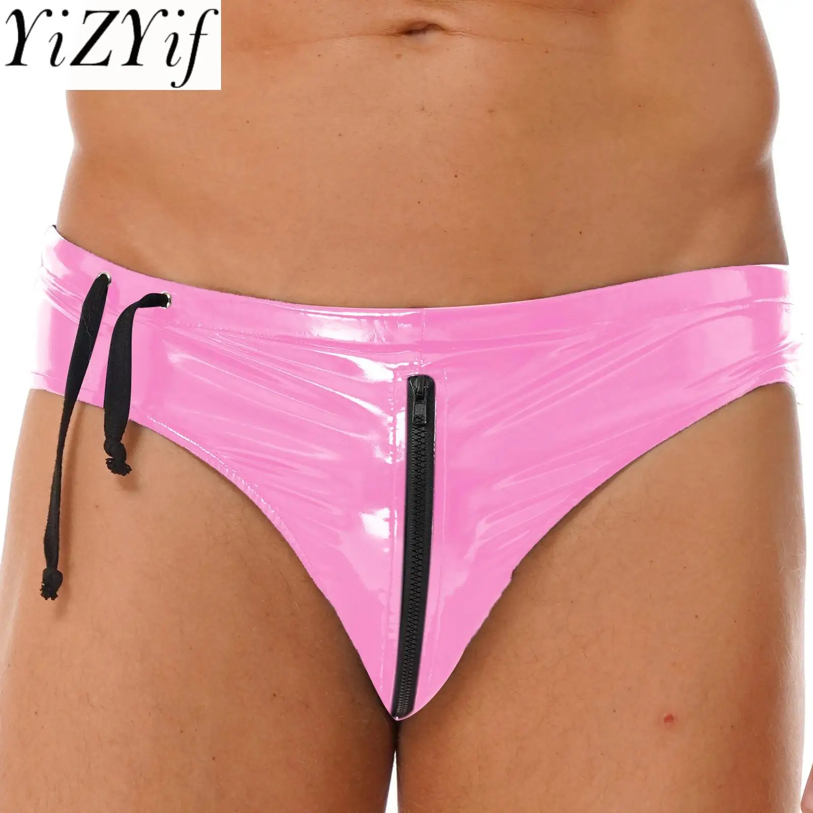 

Man Latex Lingerie Underwear Drawstring Low Waist Zipper Briefs Wet Look Patent Leather Underpants Club Stage Show Sexy Costume