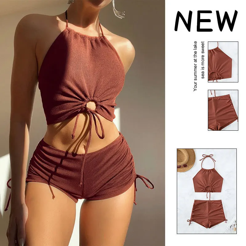 

Summer Two Pieces Swimwsuit Women Solid High Waist Sexy Halter Bikini Sets Female Drawstring Side Beachwear Fashion Swimwear