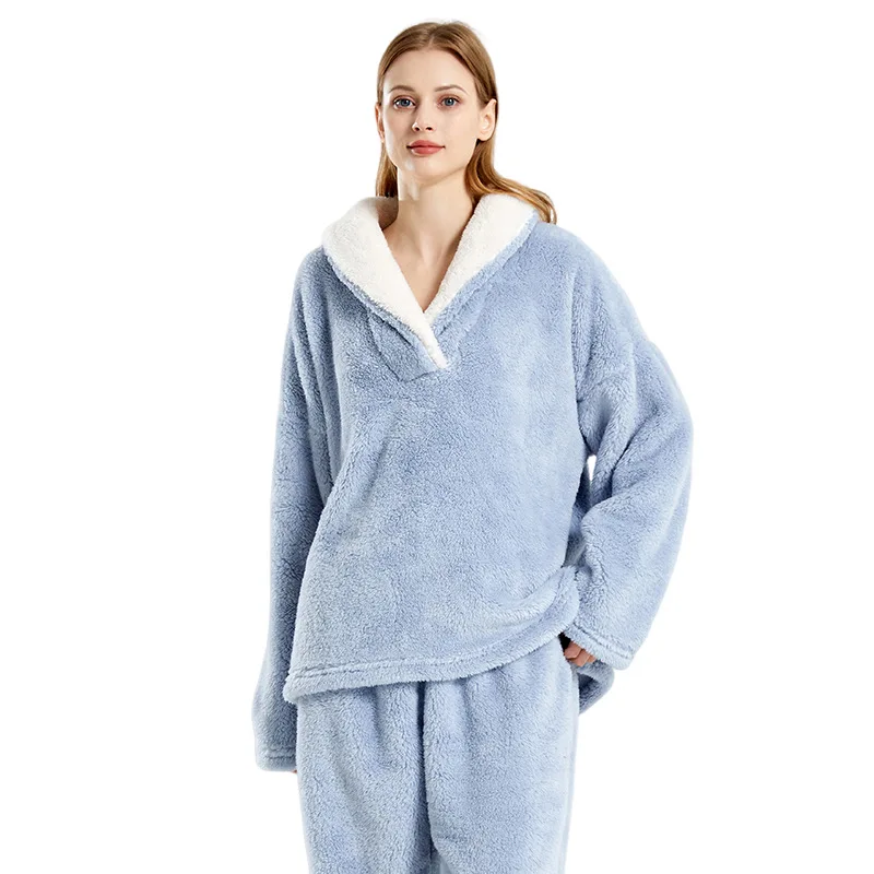 Winter Women's Thickened Shu Velveteen Pajamas Set Ladies Lapel Long Sleeve Pullover Pants Loose Casual Warm Fleece Loungewear