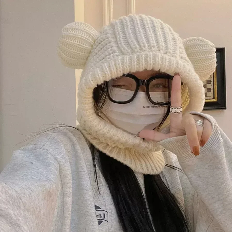 

Korean Women Hooded Beanies Winter Warm Ear Protection Headgear Wool Knitted Bib Scarf Cap Cartoon Bear Crochet Bonnet