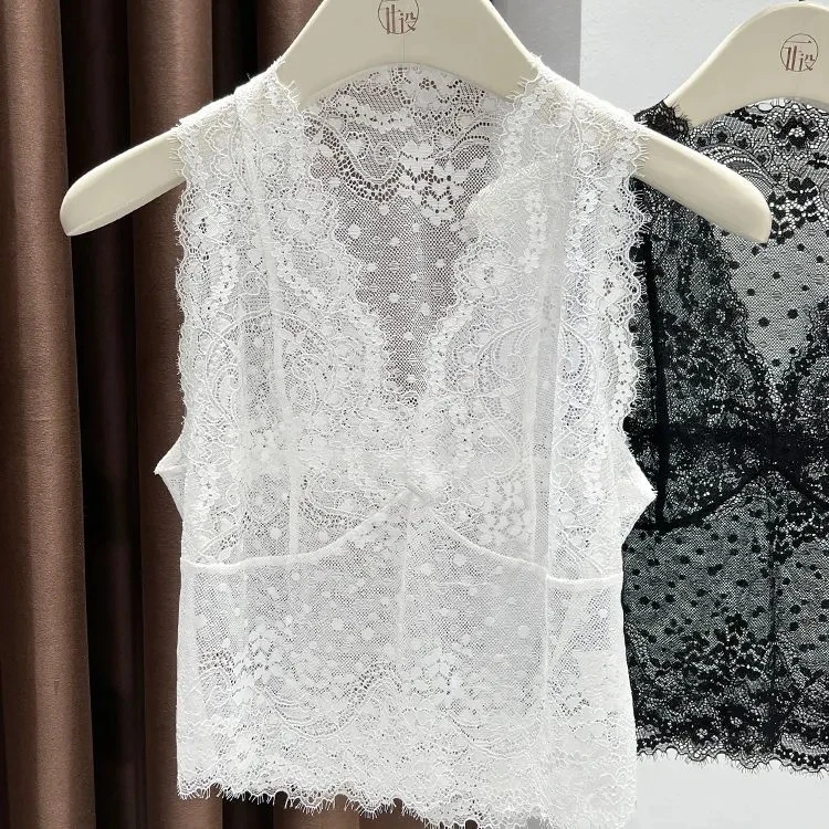 Women's White Lace Sleeveless Vest - Sheer Floral Mesh Layering Top for Elegant Outfits