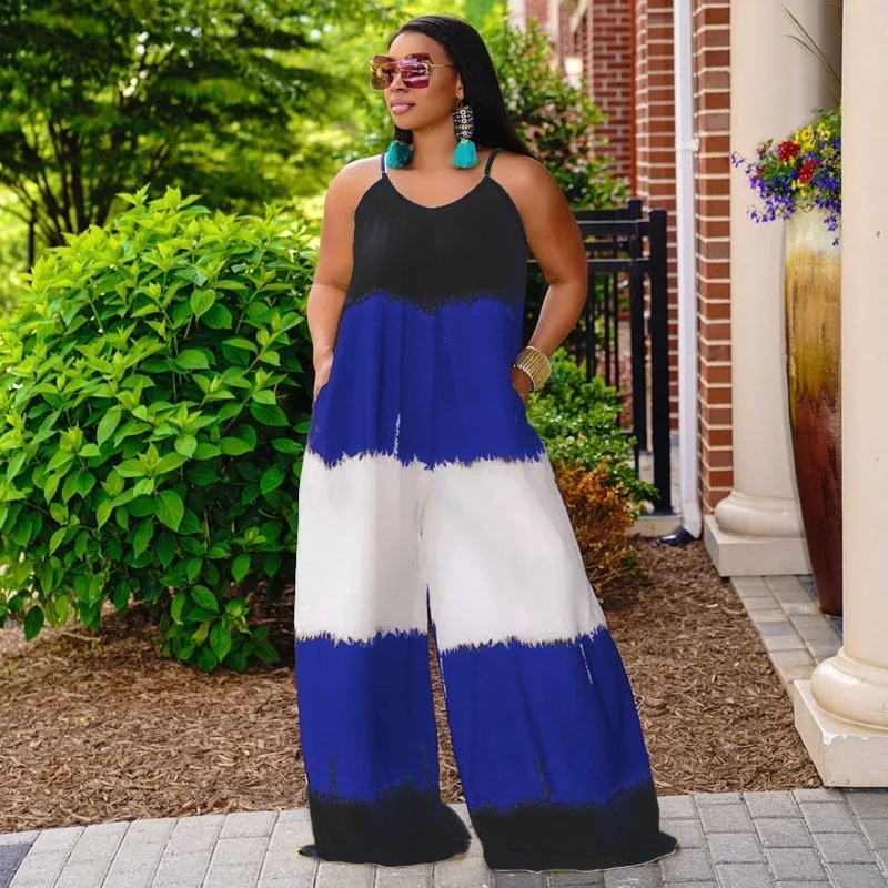Plus Size Women Jumpsuit Sleeveless Tie Dye One Piece Outfits 2022 Summer Casual Lady Luxury Cloth Fashion Club Wide Leg Pants