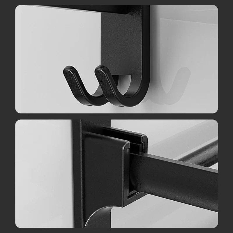 2 Layer Bathroom Foldable Towel Holder with Hooks Matte Black Aluminum Wall Mount Self Adhesive Bath Towel Rack Hanger No Drill