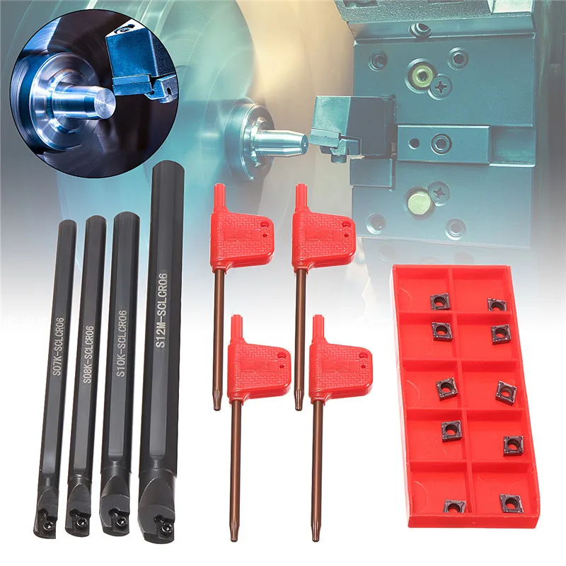 CNC Cutting Tool Holder Carbide Boring Tool 4 Set of 7/8/10/12mm SCLCR Lathe Boring Bar Turning Tool Holder +10Pcs CCMT 0602 Inserts Blades Machine Turning Tool Holder Set