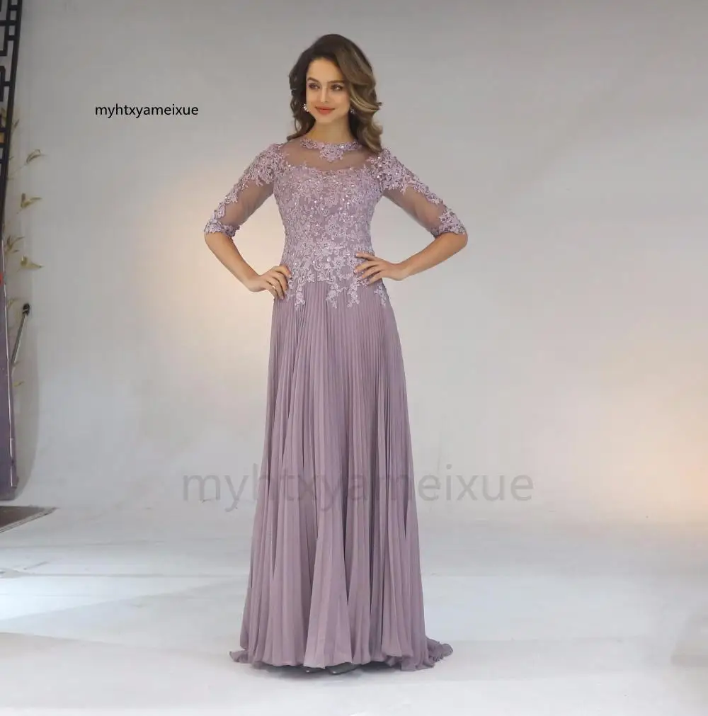

Sexy Chiffon Pleated Lace Applique A Line With 1/2 Sleeves Mother Of The Bride Dress Long Vestido De Festa Longo Bride Plus Size