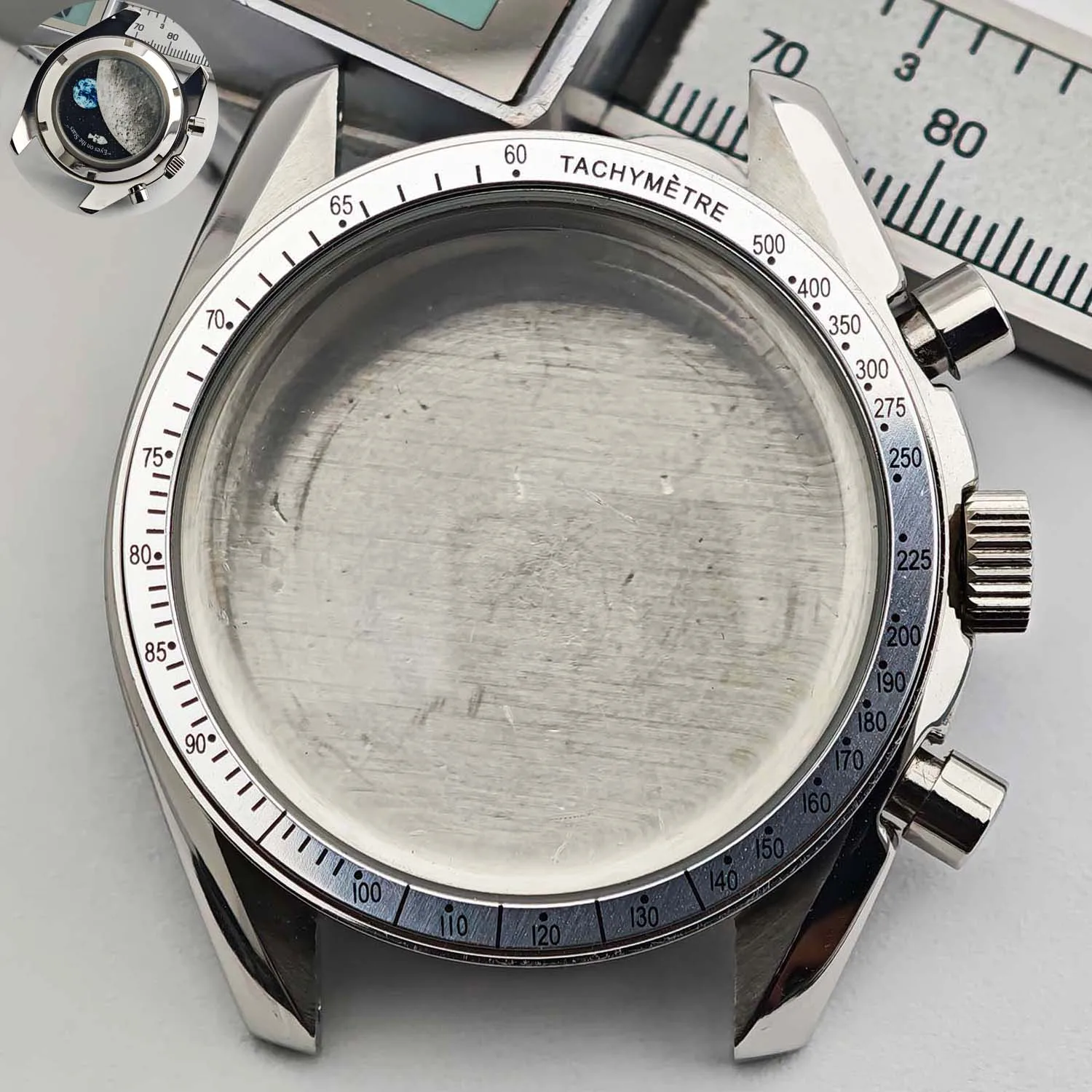 Men's 39.7mm Stainless Steel Watch Case with Moon Back Cover