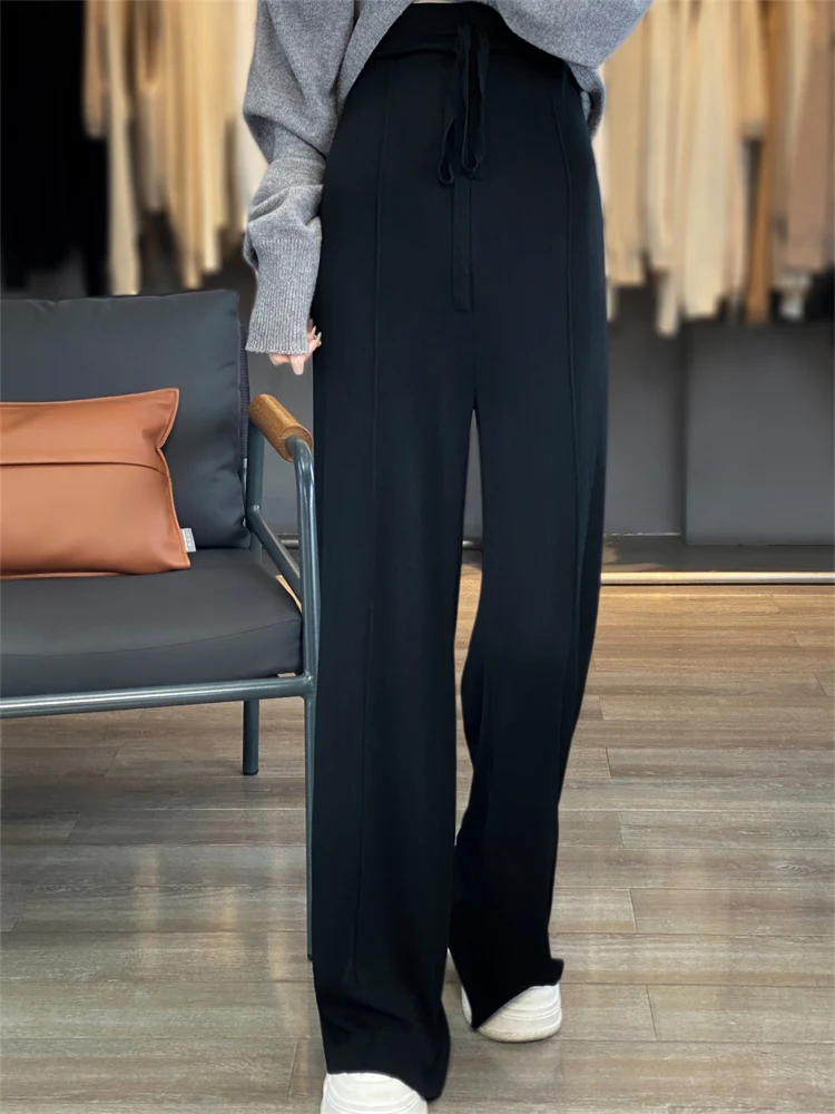 Summer new curved bead ice silk fabric with high waisted elastic band and wide legs, simple and fashionable women's pants